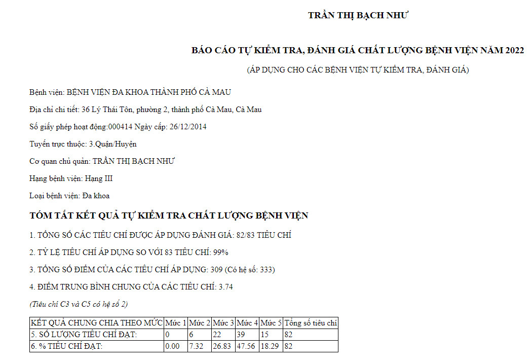 Báo cáo kết quả tự kiểm tra, đánh giá chất lượng bệnh viện năm 2022